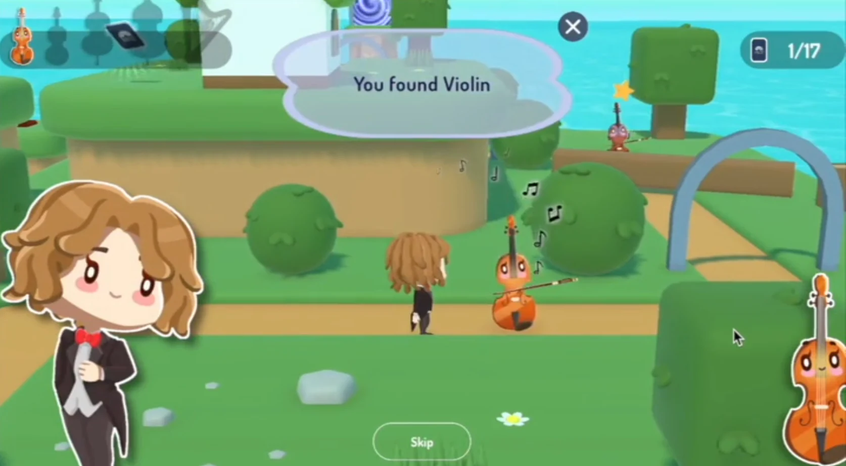 Queensland Symphony Orchestra mini game interface showing violin discovery